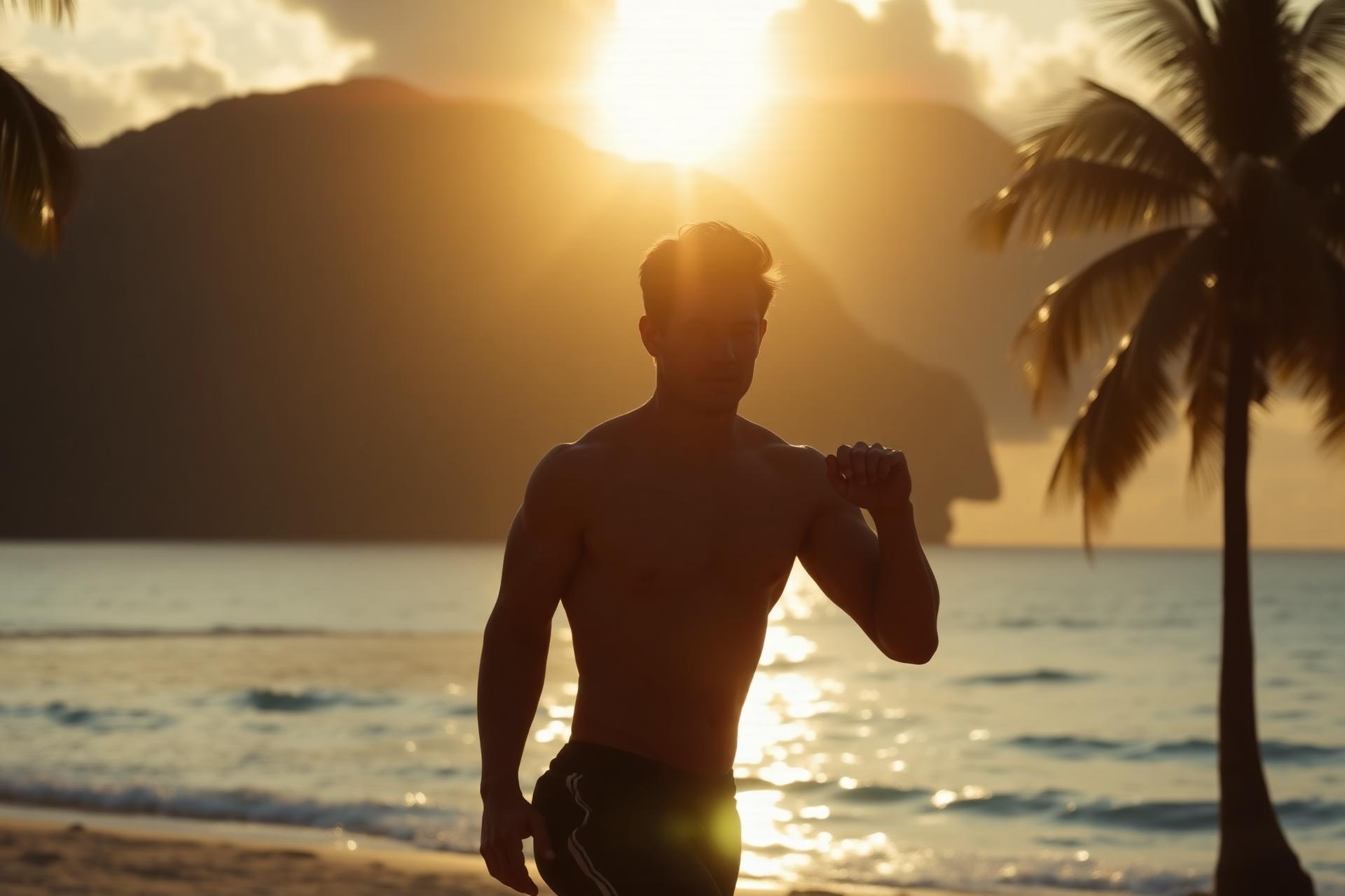 Athlete training on a Thai beach at sunrise
