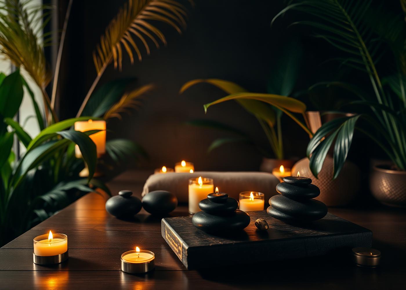 Wellness setup with candles and tropical plants